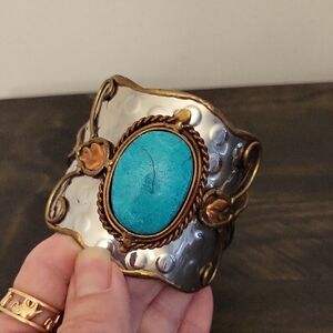 Handmade In India Turquoise Gemstone , Silver & Brass Cuff Bracelet